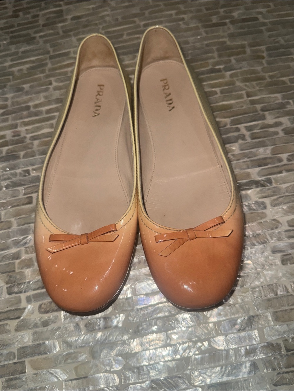 Prada Two-Tone Leather Ballet Flats in Tan and Cream